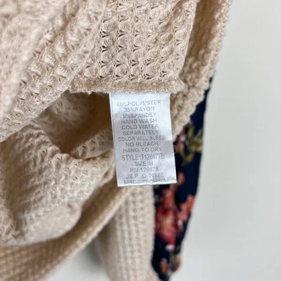 Three Bird Nest Cream Printed Sleeve Mixed Media Waffle Knit Top - Picture 5 of 6